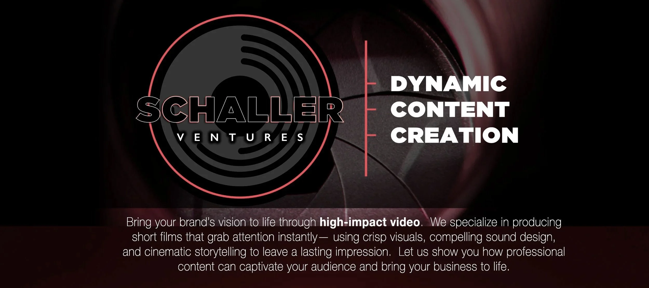 A promotional graphic for Schaller Ventures featuring a radar-like design with text emphasizing dynamic content creation and high-impact videos.