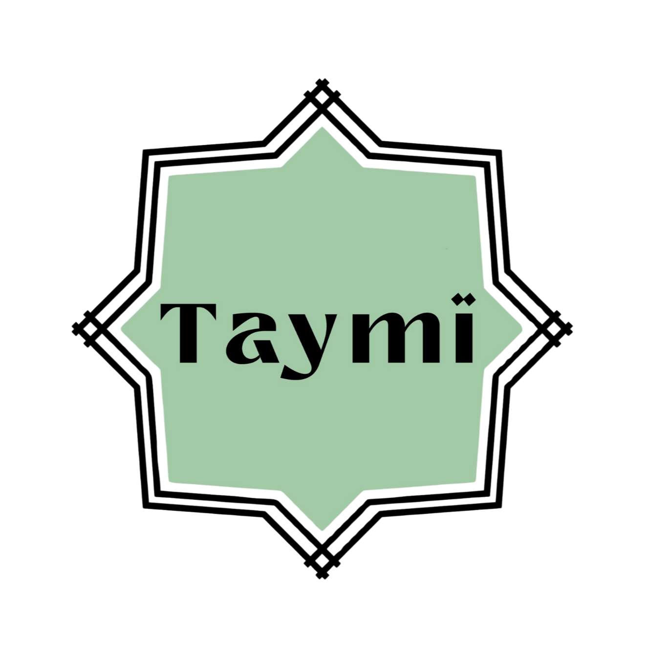 Logo avec le nom 'Taymï' en lettres noires sur un fond vert dans une forme étoilée avec des ornements noirs.