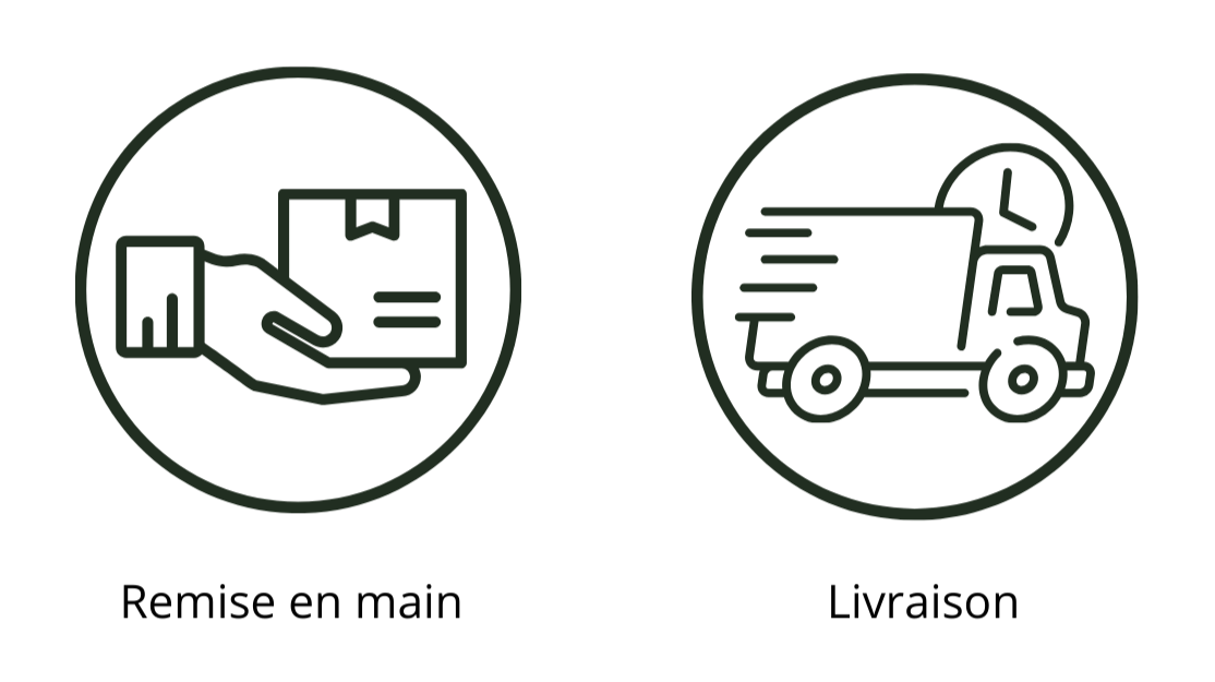Icônes représentant une livraison à domicile avec une main tenant un colis et un camion de livraison.