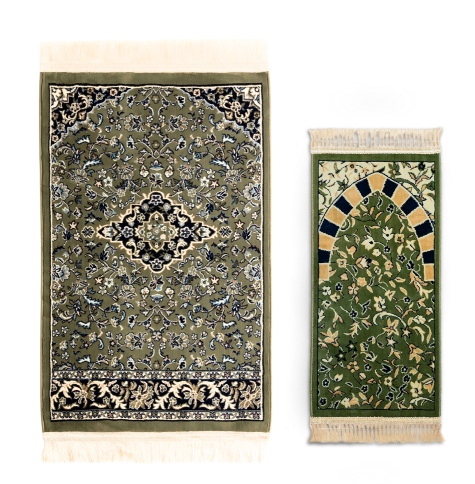 tapis de prière Rawdah pour adultes et enfants inspirés par les motifs architecturaux islamiques et la sérénité de Médine.