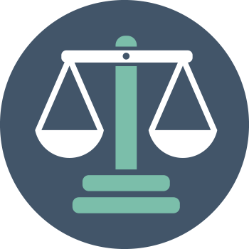 Icon of a balance scale with a teal support and base, and white scale pans, on a dark circular background.