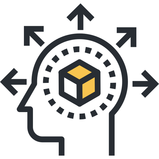 A graphic illustration of a human head in profile with a 3D cube at the center, surrounded by arrows pointing outward in all directions, representing concepts like creativity, thinking, or knowledge expansion.