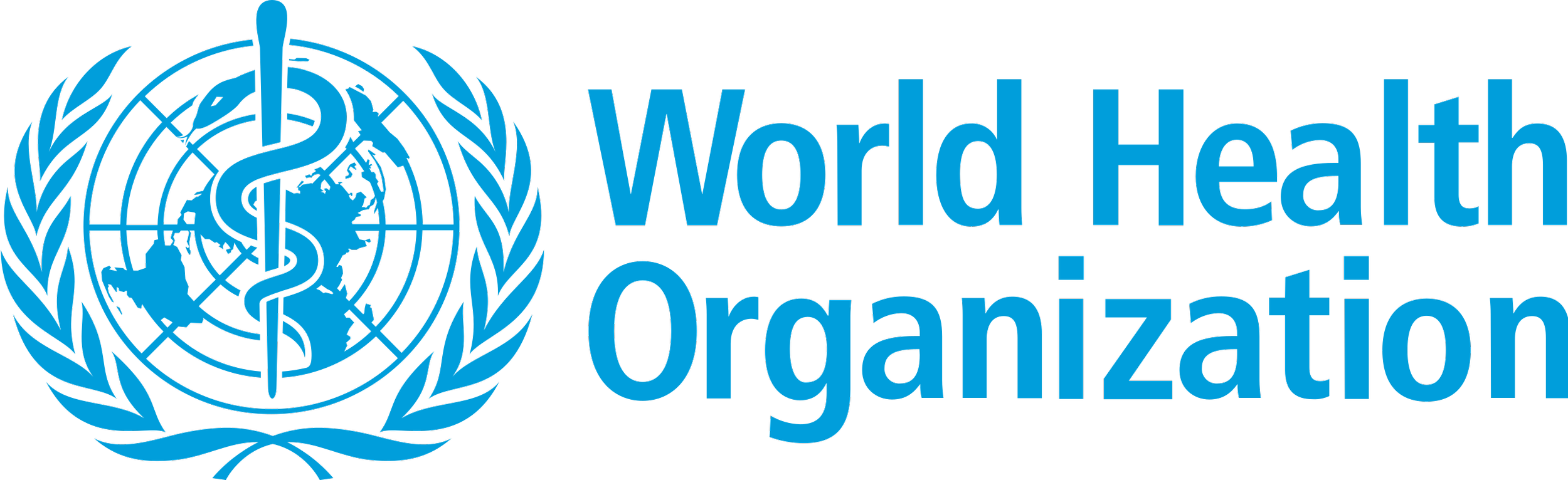 World Health Organization logo with a blue emblem of a staff with a snake entwined, surrounded by a globe and olive branches, next to the text 'World Health Organization'