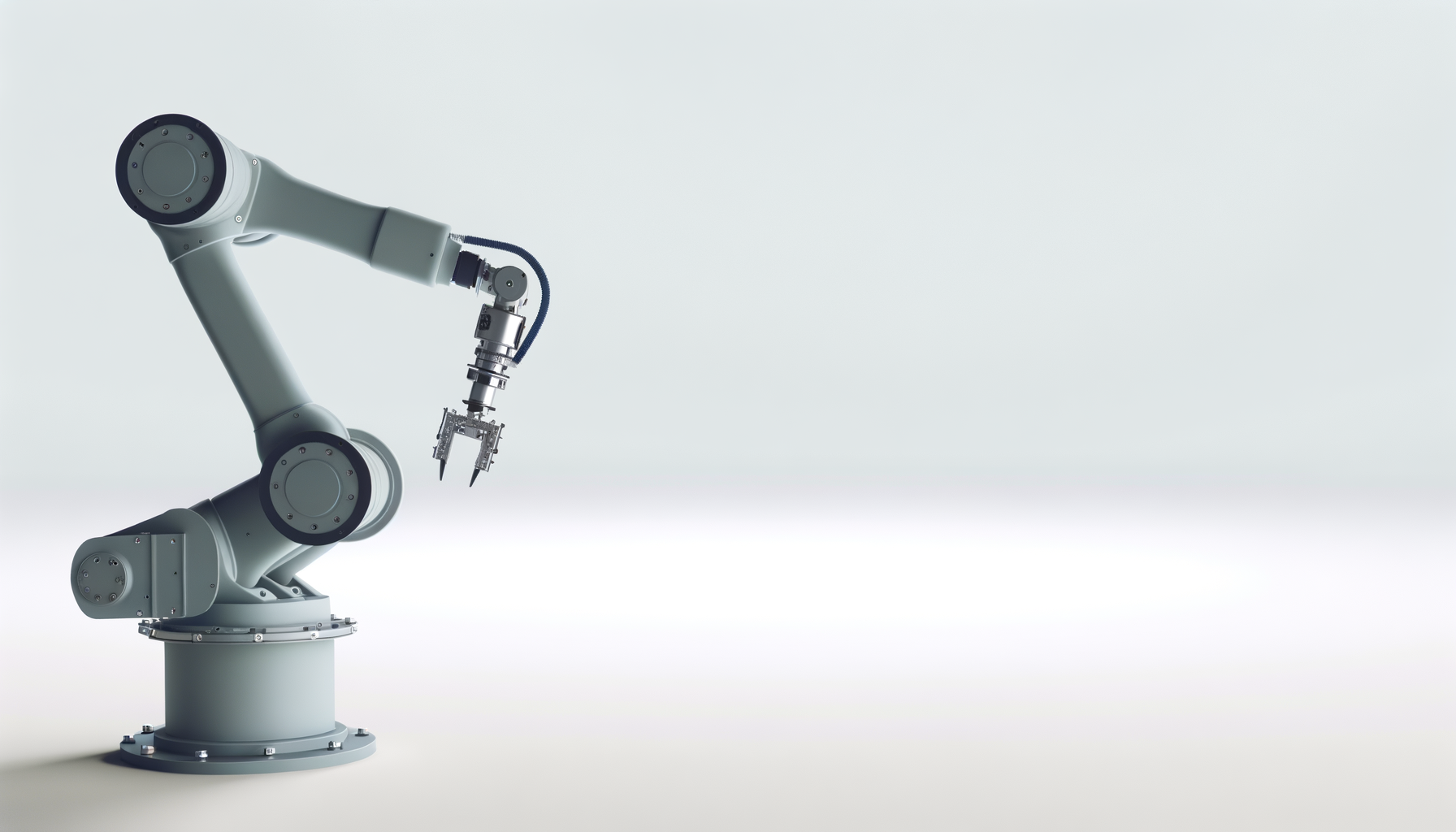 A robotic arm holding a small mechanical component against a blank, light gray background.