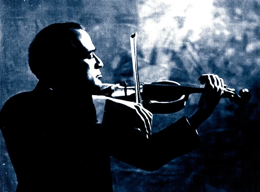 Silhouette of a man playing the violin against a textured background.