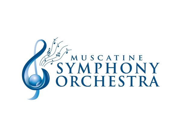 Logo of Muscatine Symphony Orchestra with a musical note and staff design.