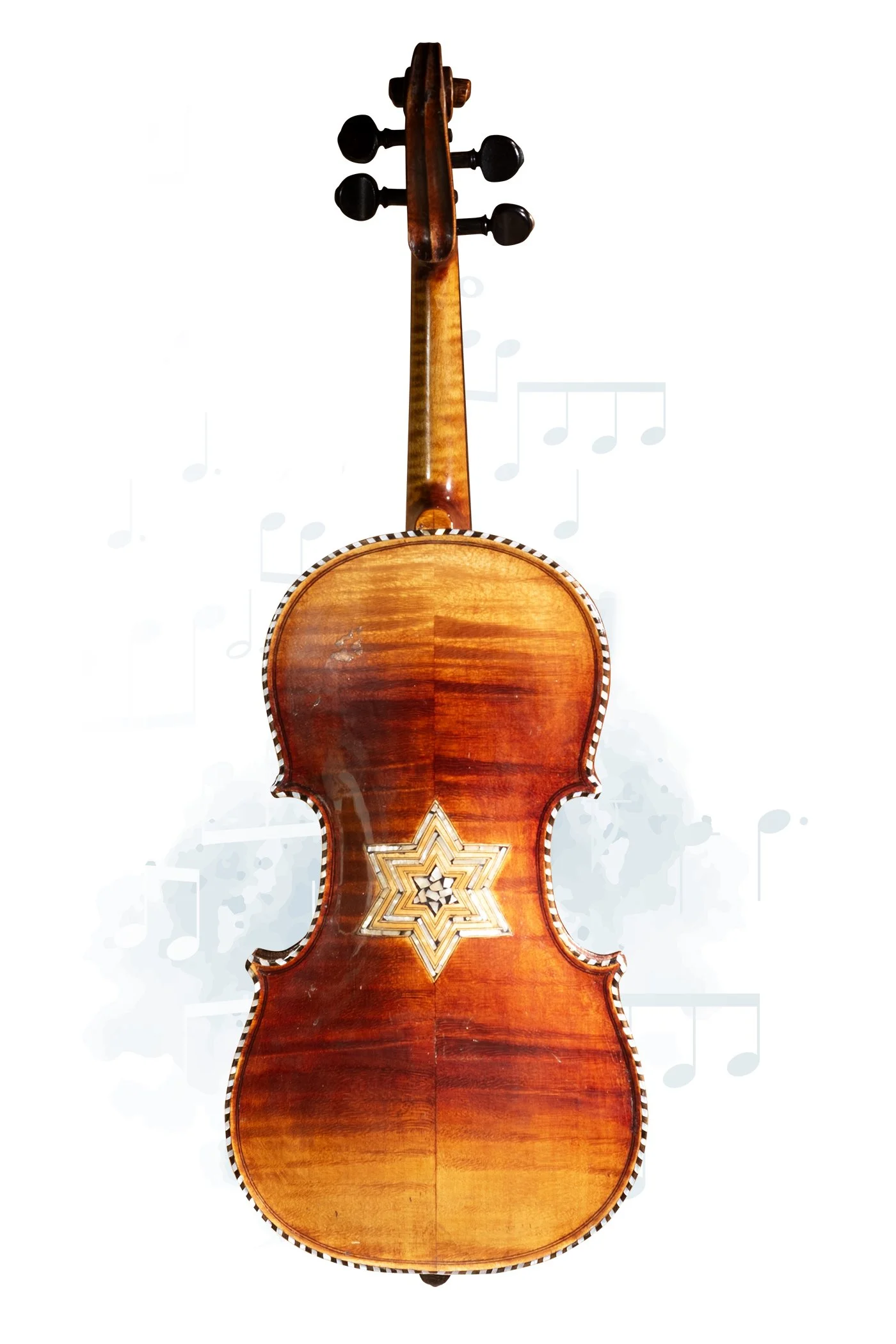 A wooden violin with decorative star-shaped inlay, viewed from the back against a white background with faint musical notes.