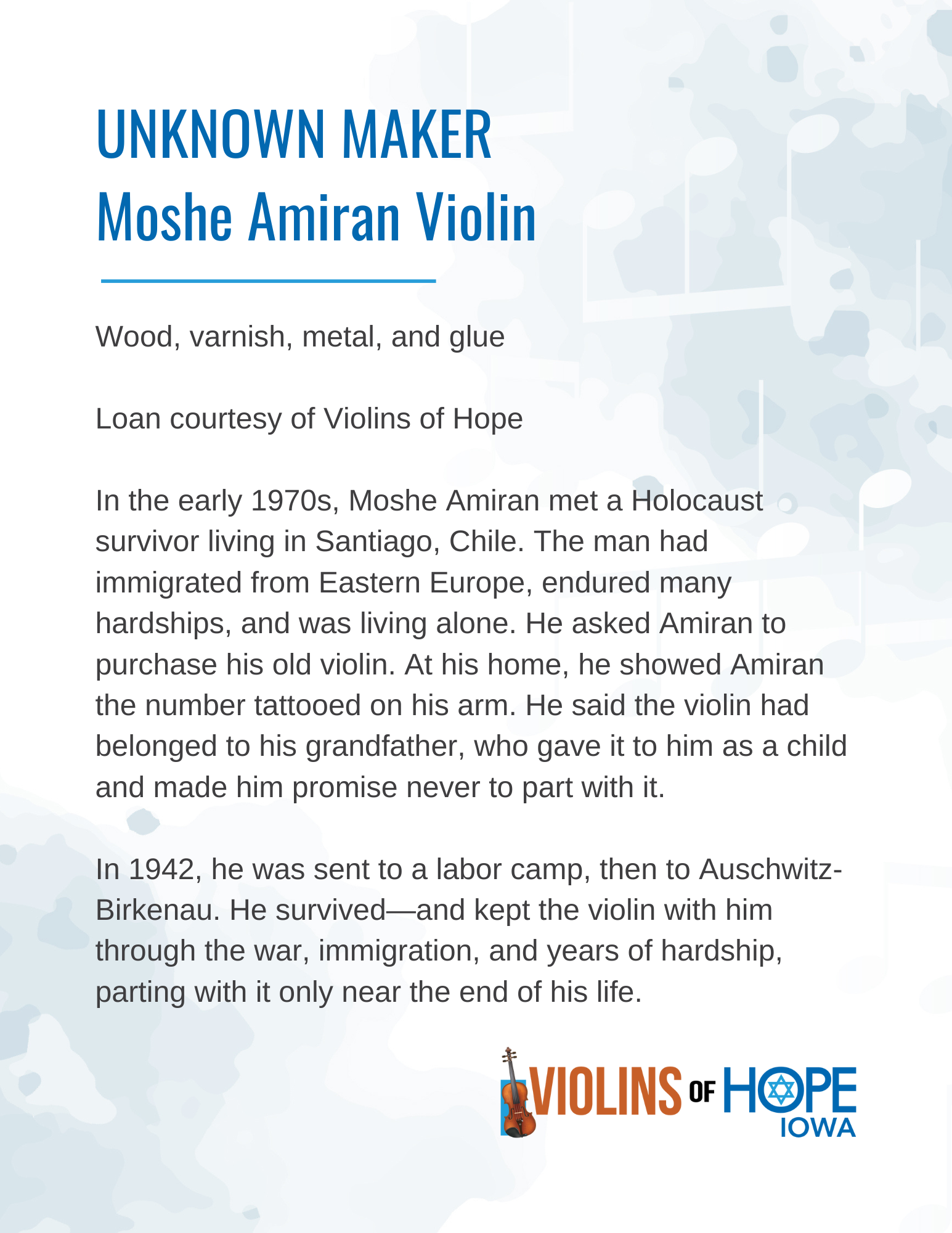 Info about Moshe Amiran's story with a title 'Unknown Maker Moshe Amiran Violin', describing his history with a violin made of wood, varnish, metal, and glue, and featuring a logo of Violins of Hope Iowa with a violin graphic and Star of David.