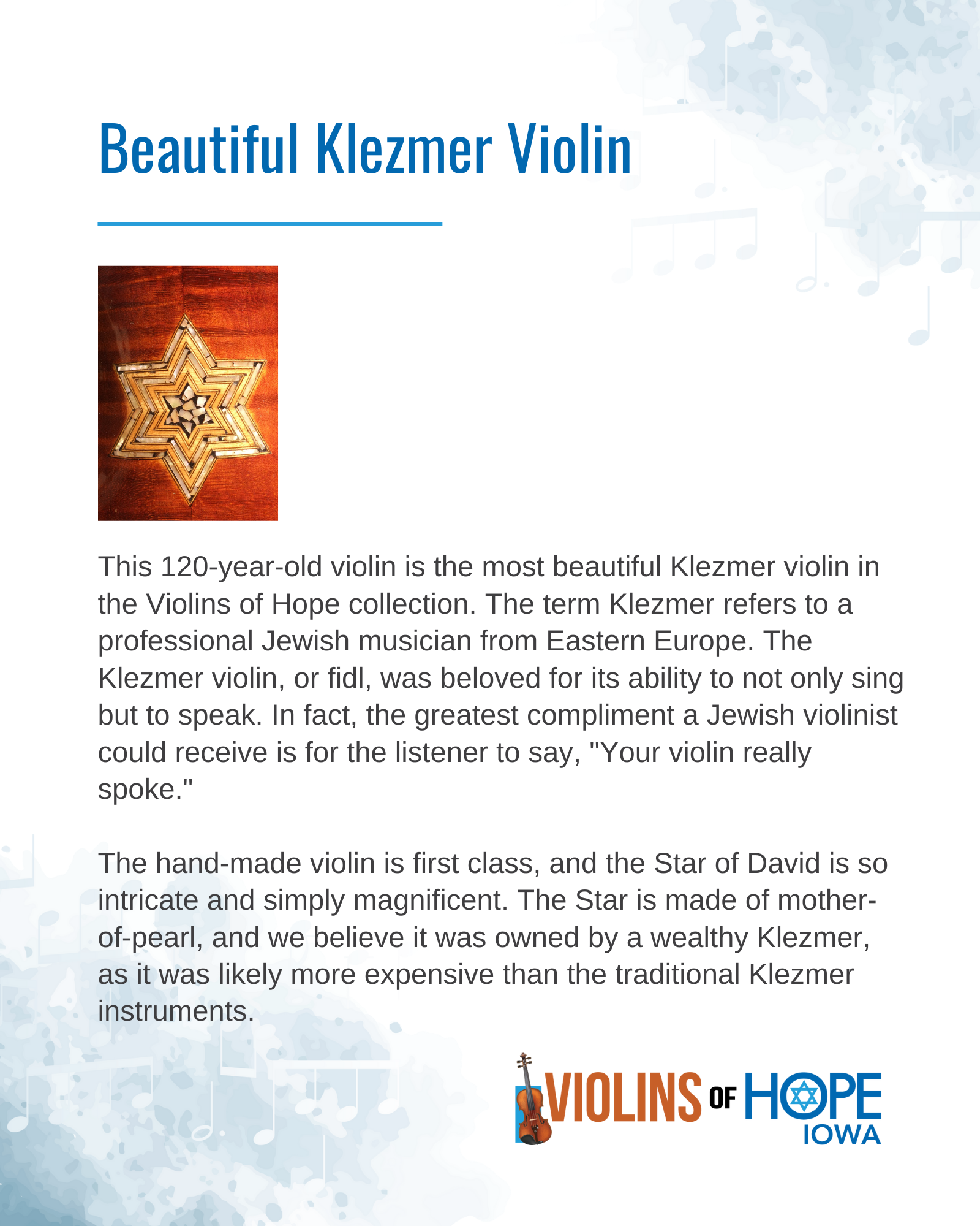 Information about a Klezmer violin from the Violas of Hope collection, with a decorative star-shaped violin and the logo of Violins of Hope Iowa at the bottom.