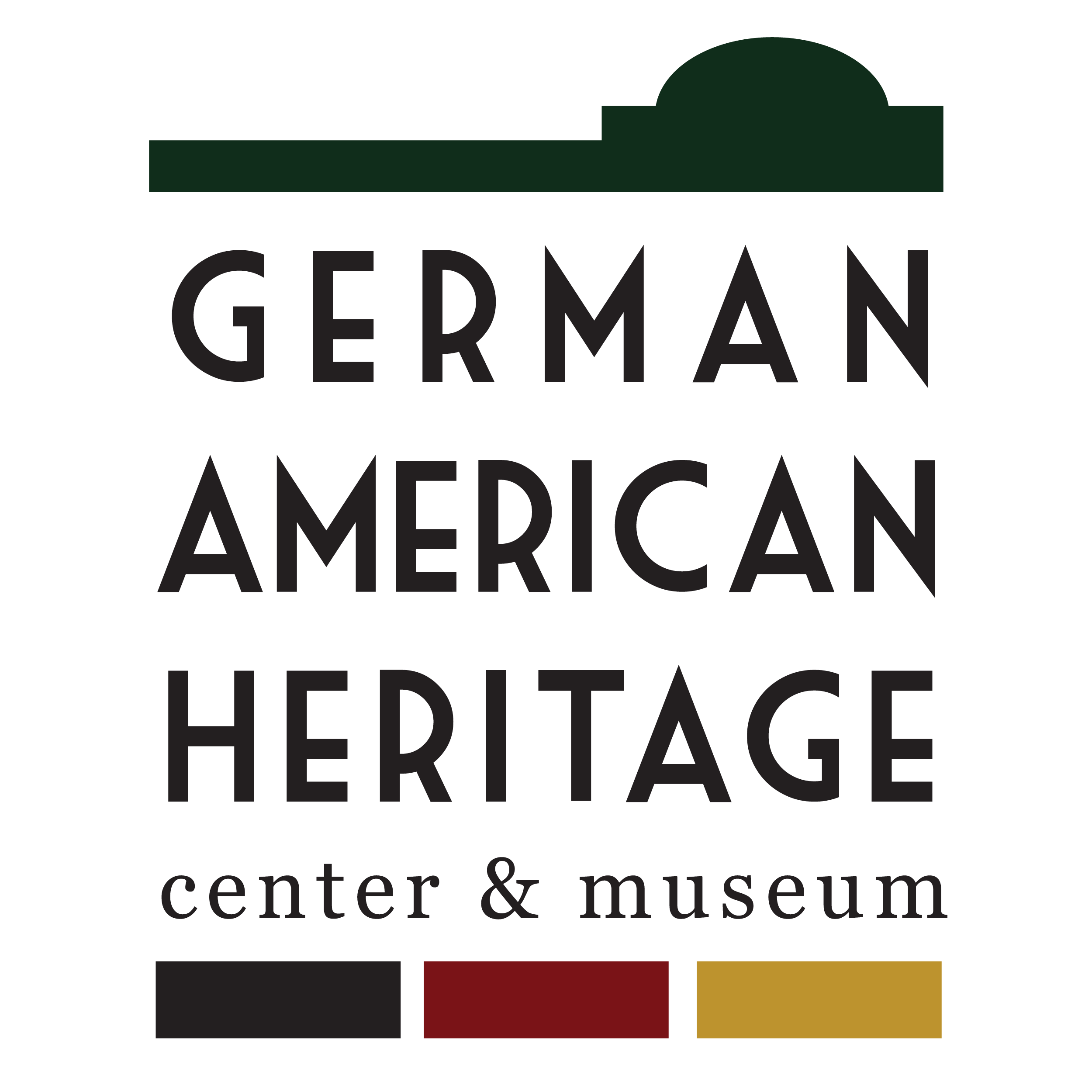Logo of German American Heritage Center & Museum with stylized building arch in green at the top and three colored blocks—gray, red, and yellow—at the bottom.