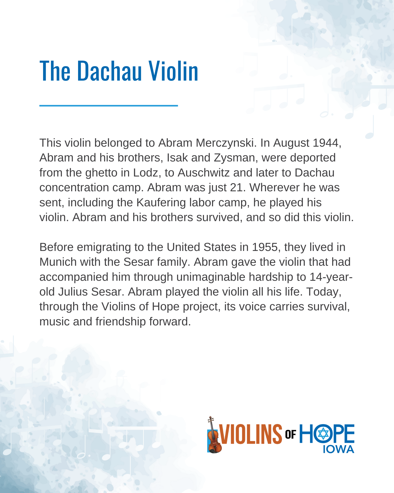 Information about a violin belonging to Abram Merczynski, with historical context about his deportation during the Holocaust and his life in the United States, featuring the Violins of Hope logo at the bottom.