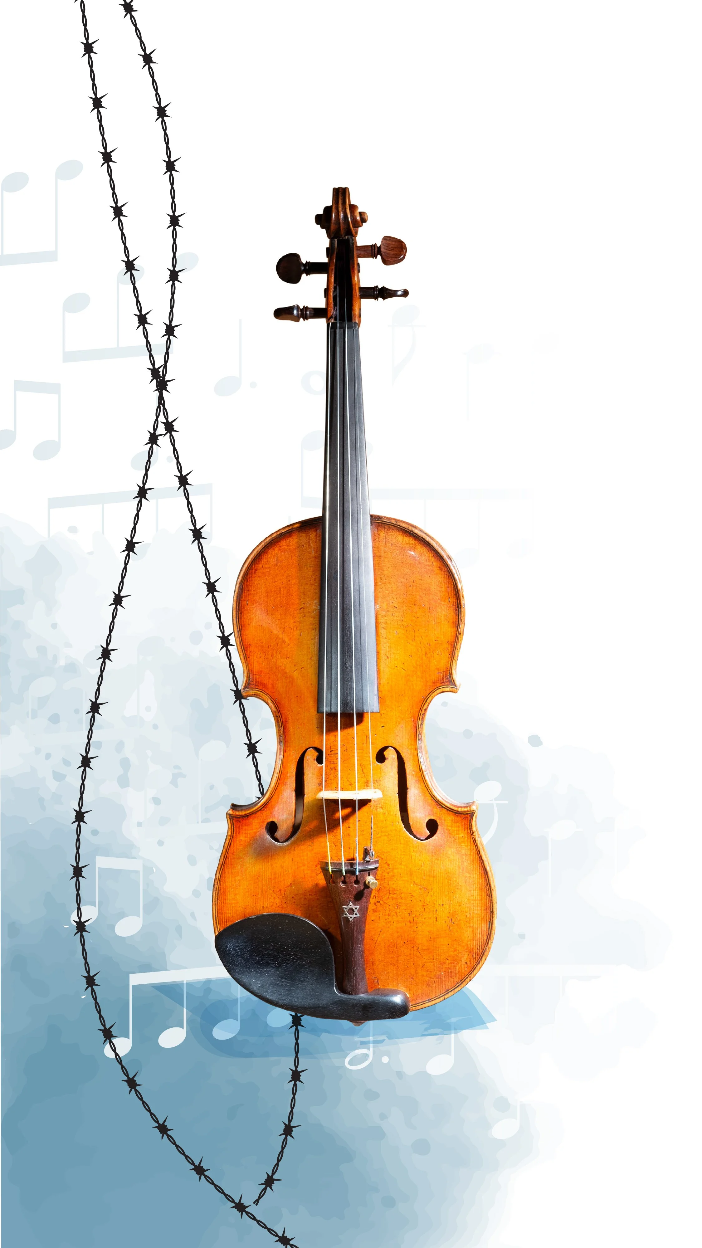 A violin hanging against a background with musical notes and a barbed wire design.