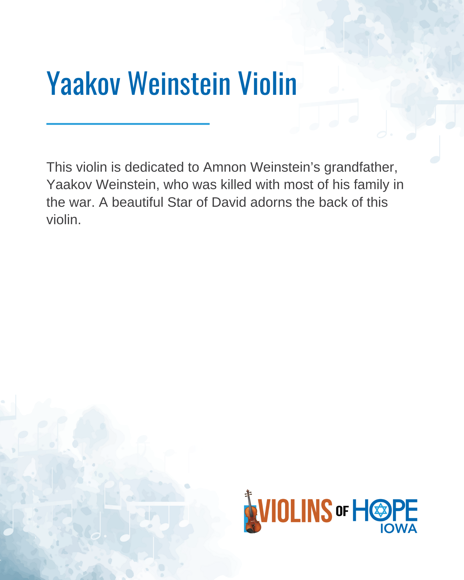 Info for violin titled "Yaakov Weinstein Violin," noting it is dedicated to Yaakov Weinstein, the grandfather of Amnon Weinstein, who was killed in the war. The plaque features the Violins of Hope Iowa logo with a violin graphic and a Star of David.