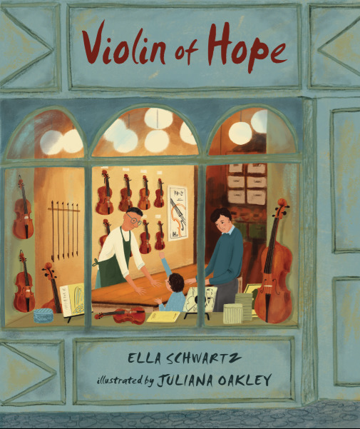 Illustration of a music store named 'Violin of Hope' with two adults and a child inside. The store has violins hanging on the walls and displayed on shelves. One adult is handing a violin to the child, while the other adult stands nearby. The scene is viewed through a large window with three arched sections.