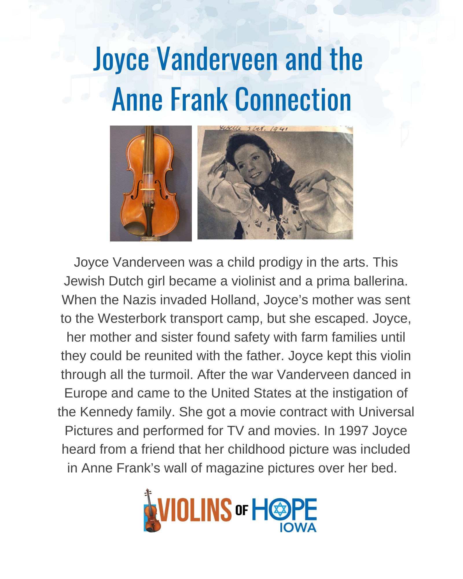 Description about Joyce Vanderveen and her connection to Anne Frank, featuring a violin and a childhood photo of Joyce Vanderveen.