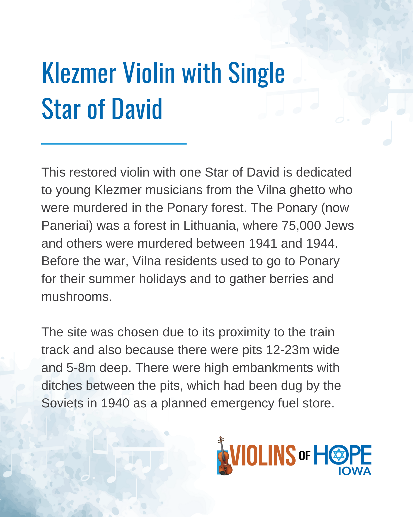 Information about a restored violin with one Star of David dedicated to young Klezmer musicians from Vilna, Lithuania, who were murdered between 1941 and 1944, with the Violins of Hope logo at the bottom.