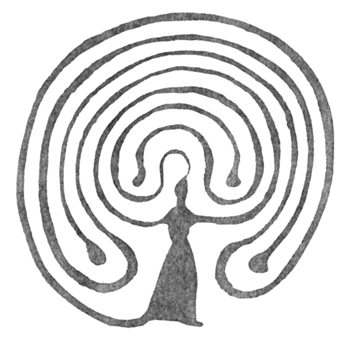 A black and white labyrinth with a small figure standing at the entrance.