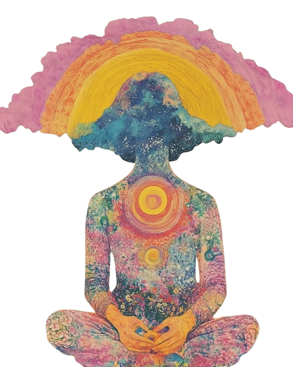 A watercolor illustration of a person in a seated meditation pose, with their body covered in colorful cosmic patterns and concentric circles on the chest. The person's head is replaced by a galaxy with a sky filled with stars, and their hair is a rainbow-colored sunset or sunrise with clouds.