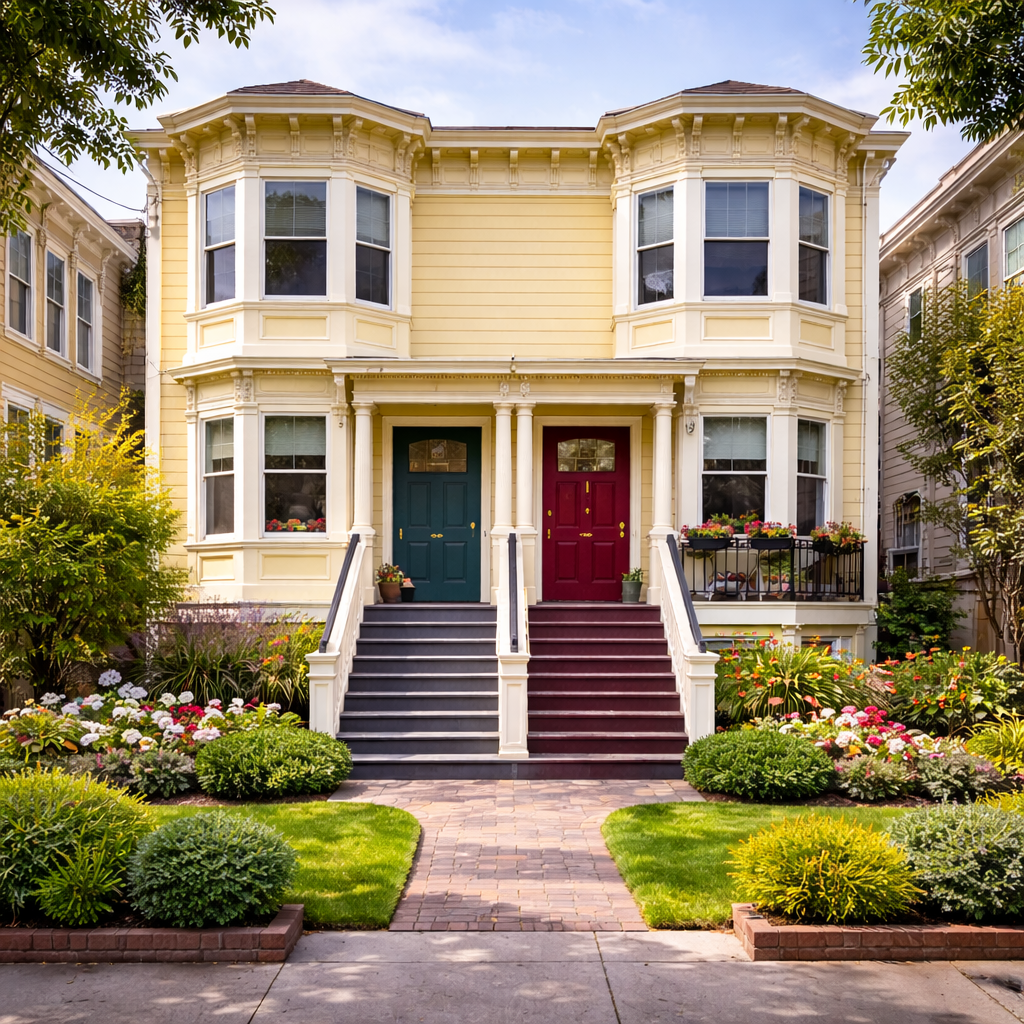Front view of a two-story yellow house with white trim, featuring two bay windows, two front doors with stairs, and a well-maintained garden with flowers and bushes.