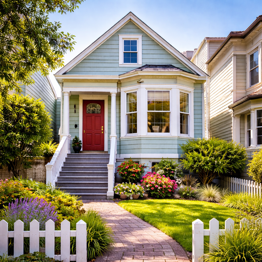 A charming house with a pastel blue exterior, a red front door, and a bay window, surrounded by a lush garden with colorful flowers and green shrubs, and a brick pathway leading to the entrance.