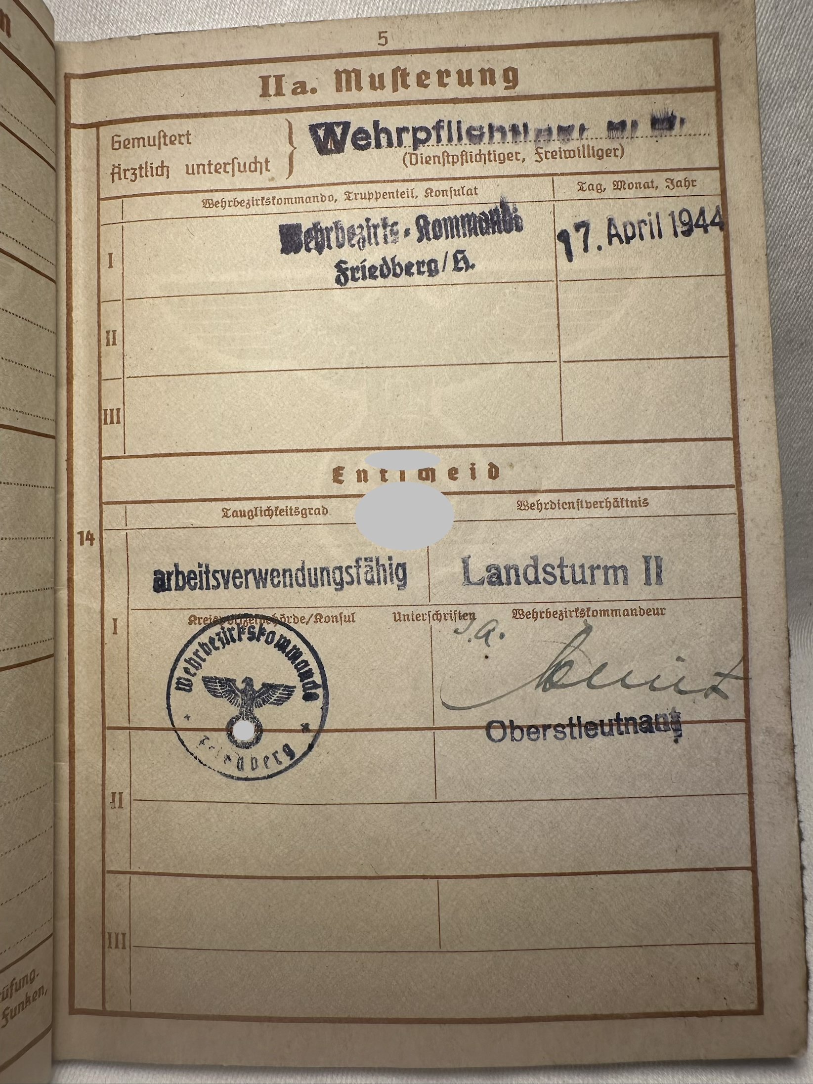 Wehrpass Landsturm 2, Wehrmacht