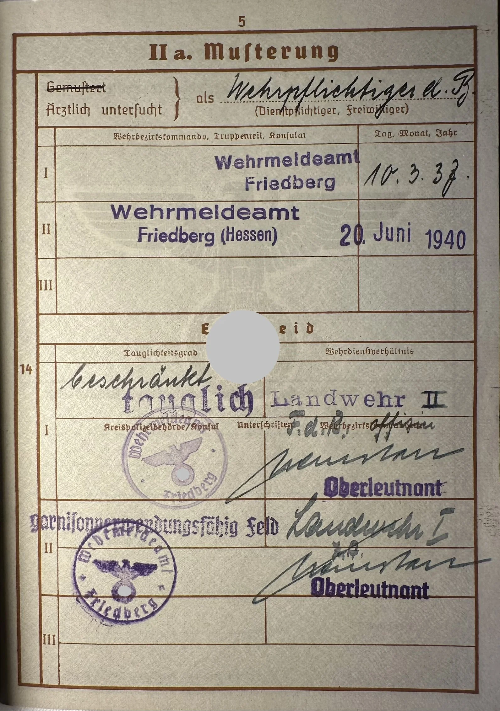 Wehrpass Landwehr 1/2  2WK Wehrmacht
