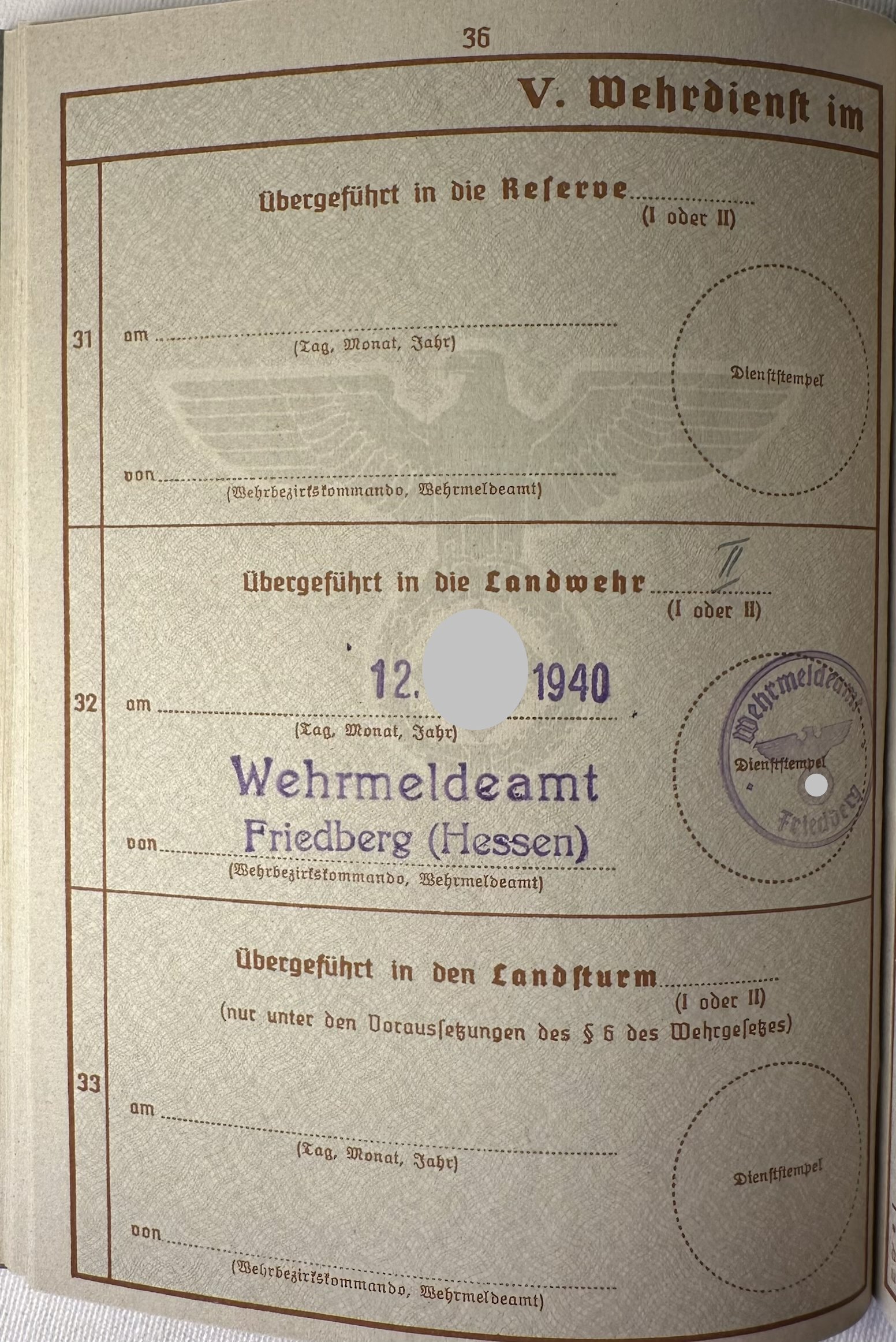 Wehrpass Landwehr 1/2  2WK Wehrmacht