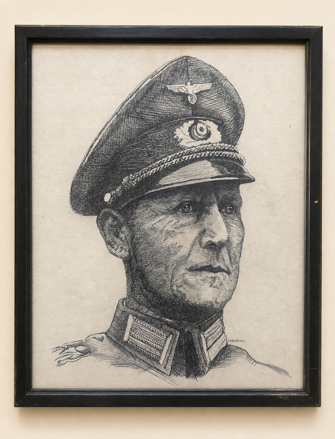 Porträtzeichnung Wehrmacht Offizier mit Schirmmütze Signiert Meid /41