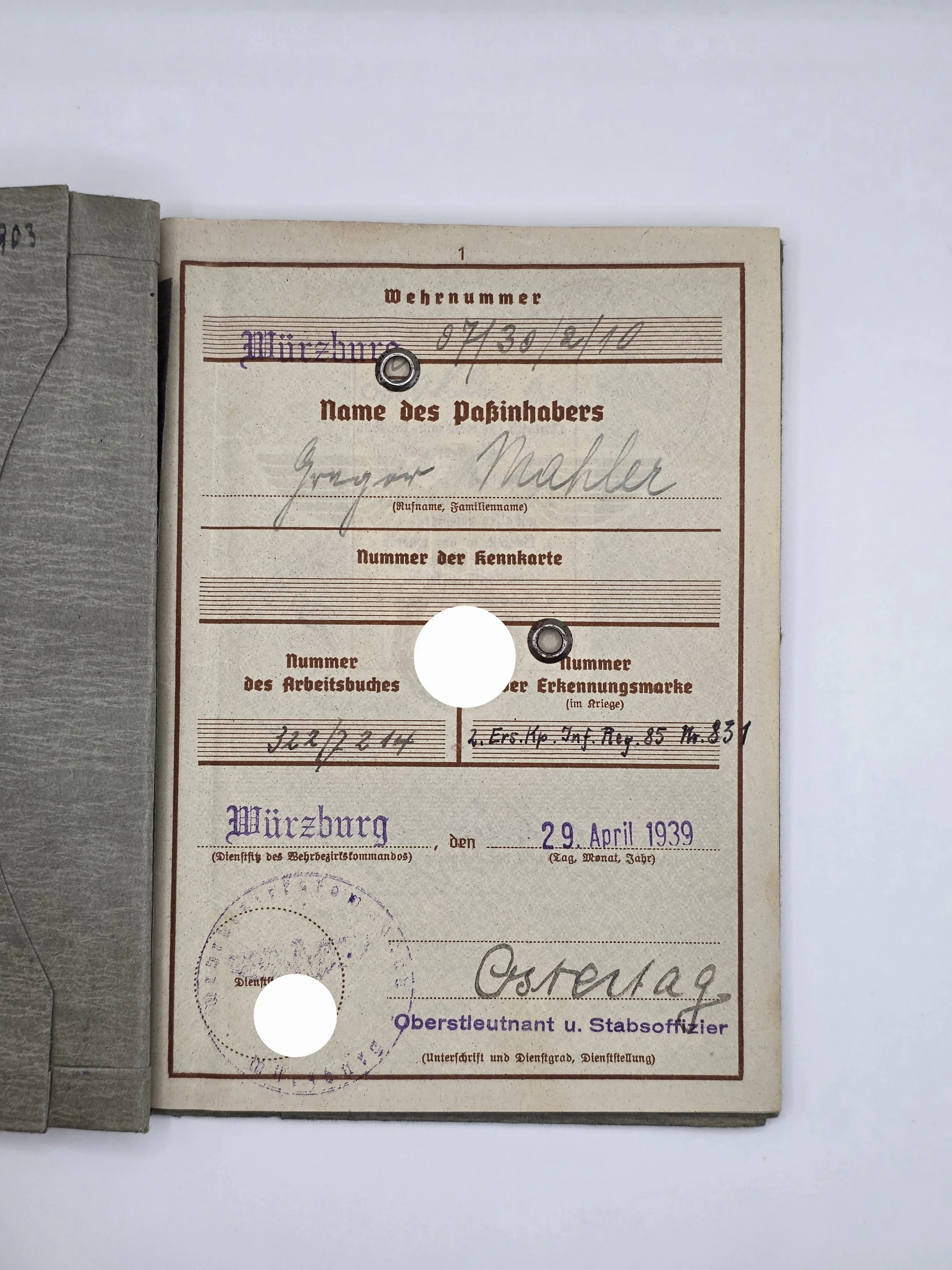 Wehrpass Gregor Mahler aus Würzburg-div. Verwendungen als Gefreiter