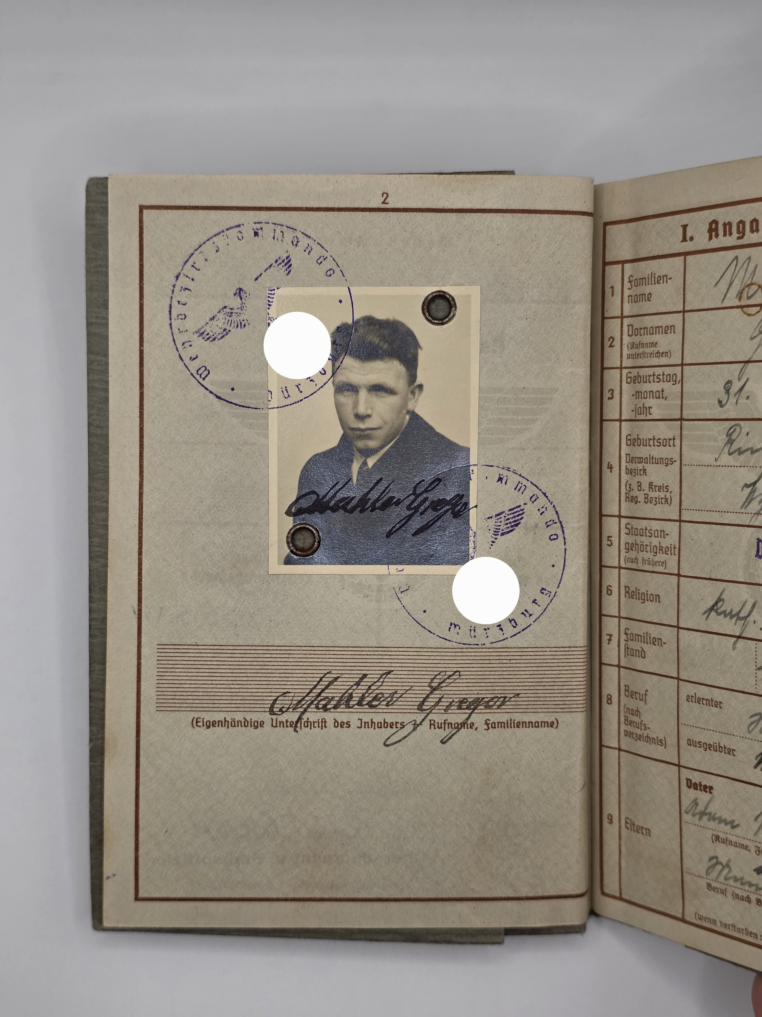 Wehrpass Gregor Mahler aus Würzburg-div. Verwendungen als Gefreiter