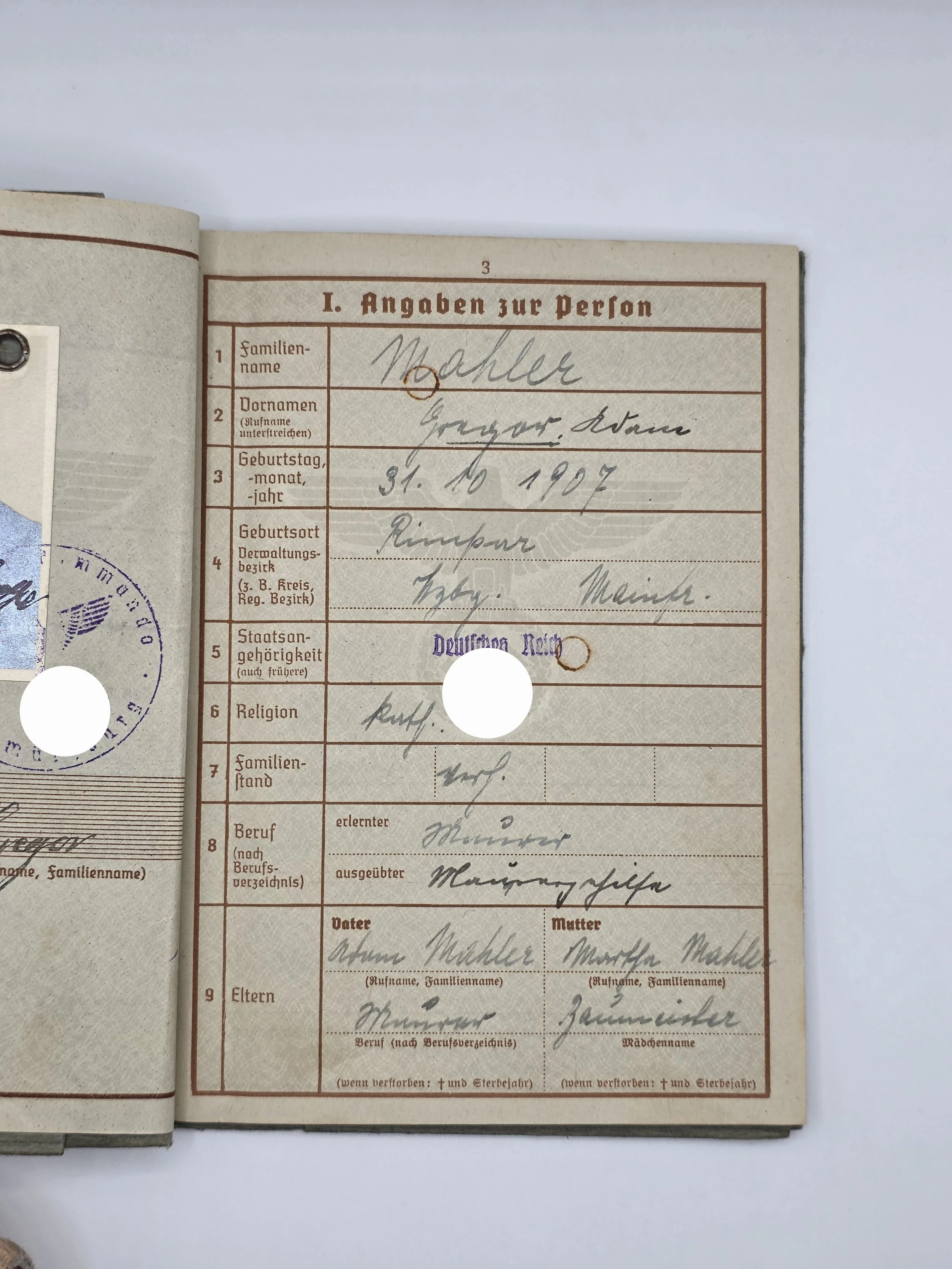 Wehrpass Gregor Mahler aus Würzburg-div. Verwendungen als Gefreiter