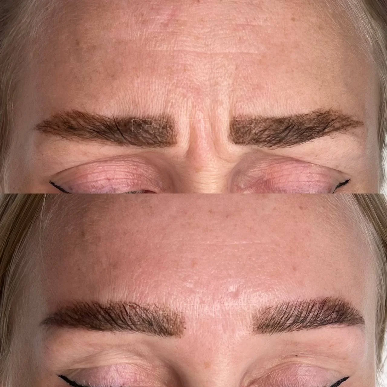 Before and after close-up images of a woman's eyebrows showing a cosmetic enhancement or grooming process.