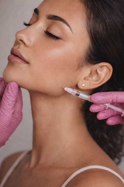 A woman receives an lip filler injection in her cheek from a medical professional wearing pink gloves.