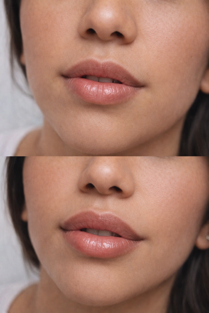 Close-up of a woman's lips and lower face, showing before and after cosmetic lip enhancement.