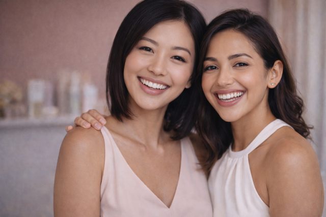 Two women smiling and posing close together indoors, one with shoulder-length black hair, the other with long dark brown hair, both wearing sleeveless tops.