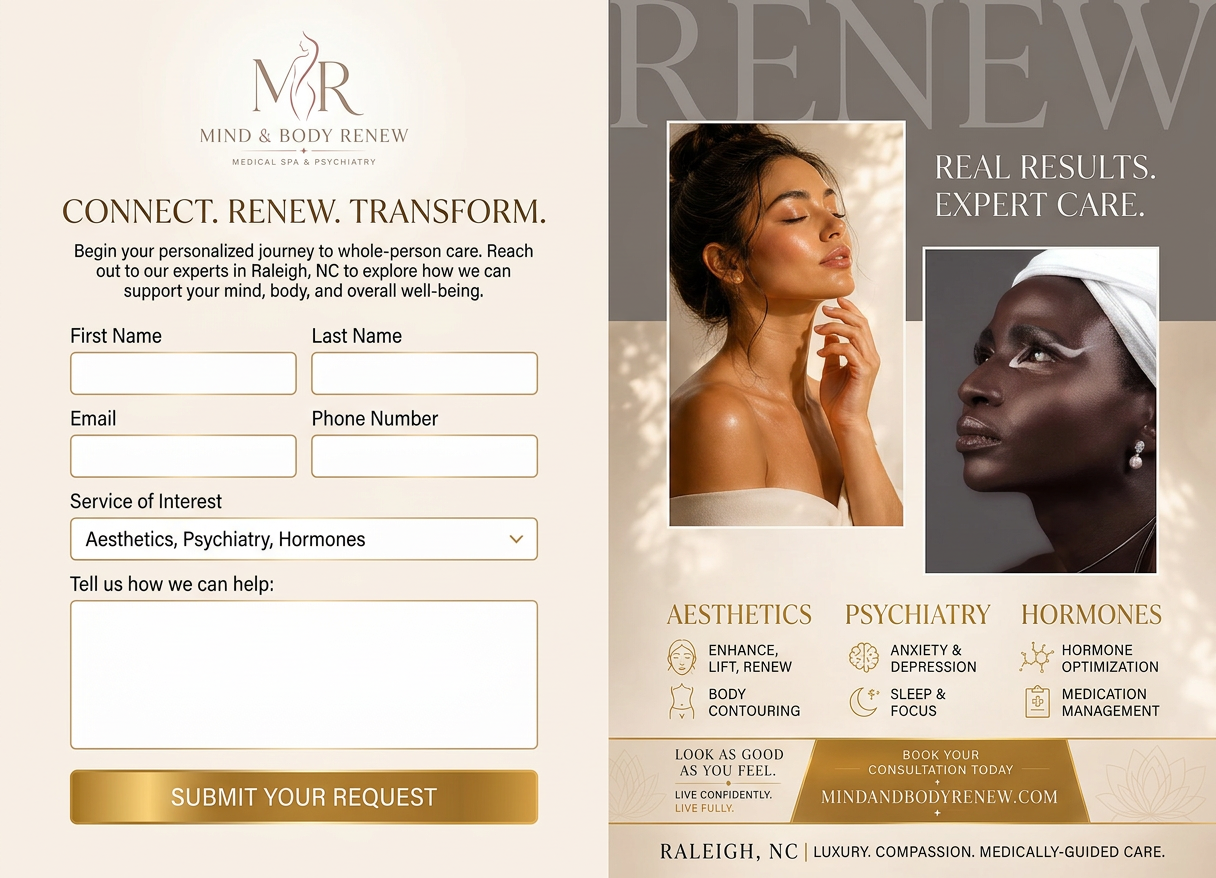 A promotional flyer for Mind & Body Renew, a medical spa and psychiatry practice in Raleigh, North Carolina, offering aesthetics, psychiatry, and hormones services. The flyer features images of a woman with closed eyes and a woman with an elegant headwrap, along with service highlights and a request form on the left side.