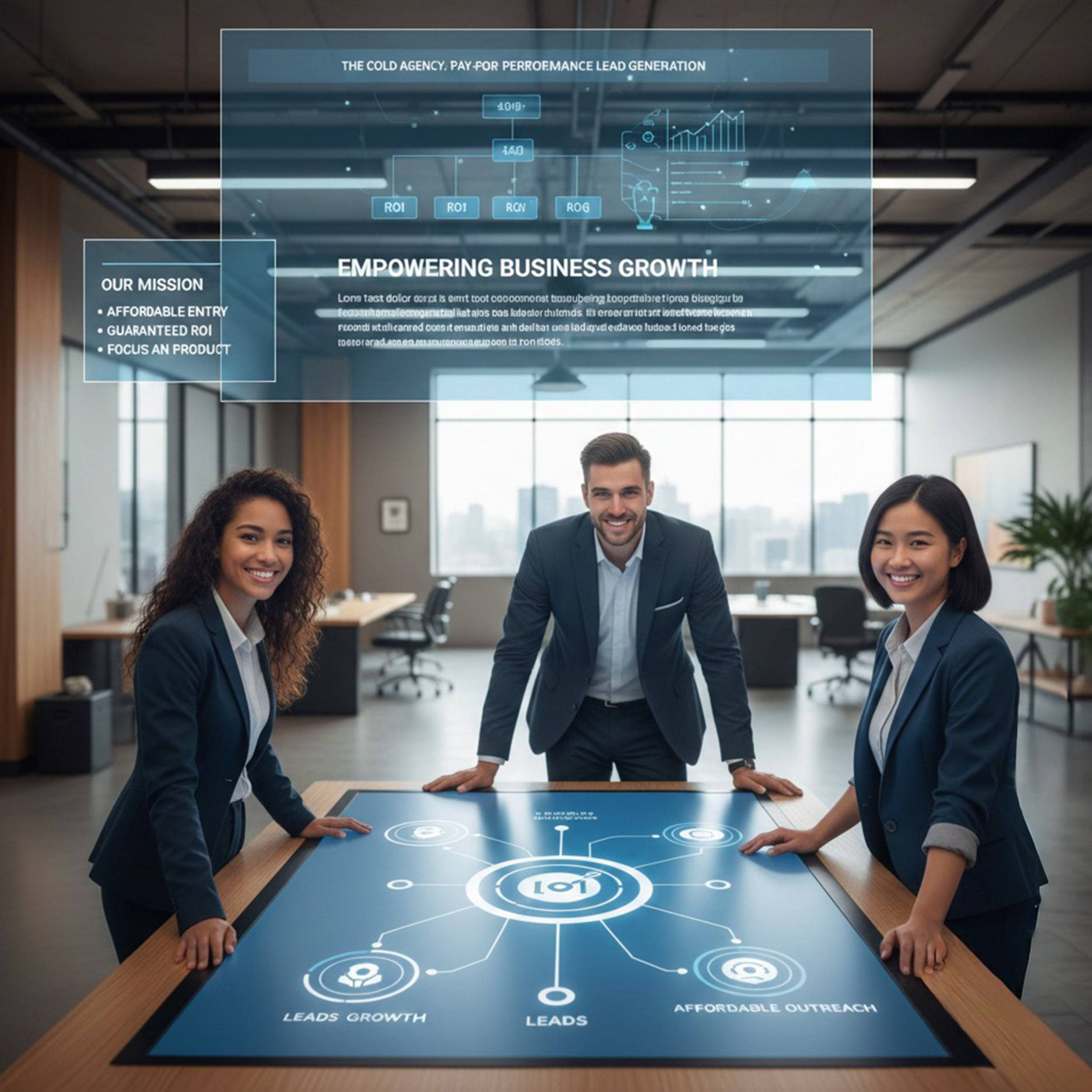 Three business professionals, two women and one man, stand around a digital conference table in a modern office, smiling at the camera. The table displays a digital interface with keywords 'LEADS GROWTH,' 'LEADS,' and 'AFFORDABLE OUTREACH.' A large, semi-transparent digital overlay above them shows a presentation slide titled 'The Cold Agency, Pay-Per Performance Lead Generation,' with graphs, charts, and text promoting business growth.