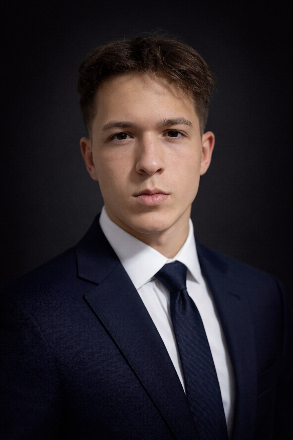 Young man in a navy suit and tie posing against a dark background.