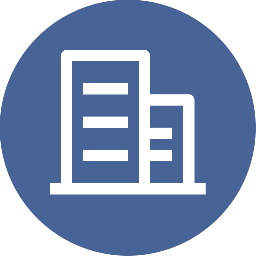 Icon of a building with multiple floors, representing an office or commercial building, in white against a blue circular background.