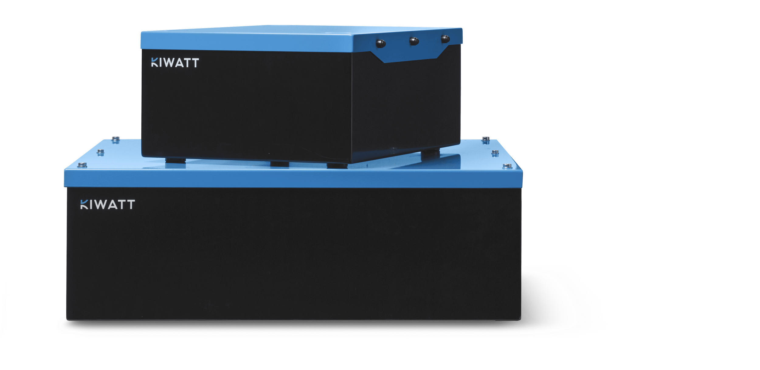 Twee stapelbare zwart-blauwe elektronische apparaten met het Kiwatt logo, geïsoleerd tegen een witte achtergrond.