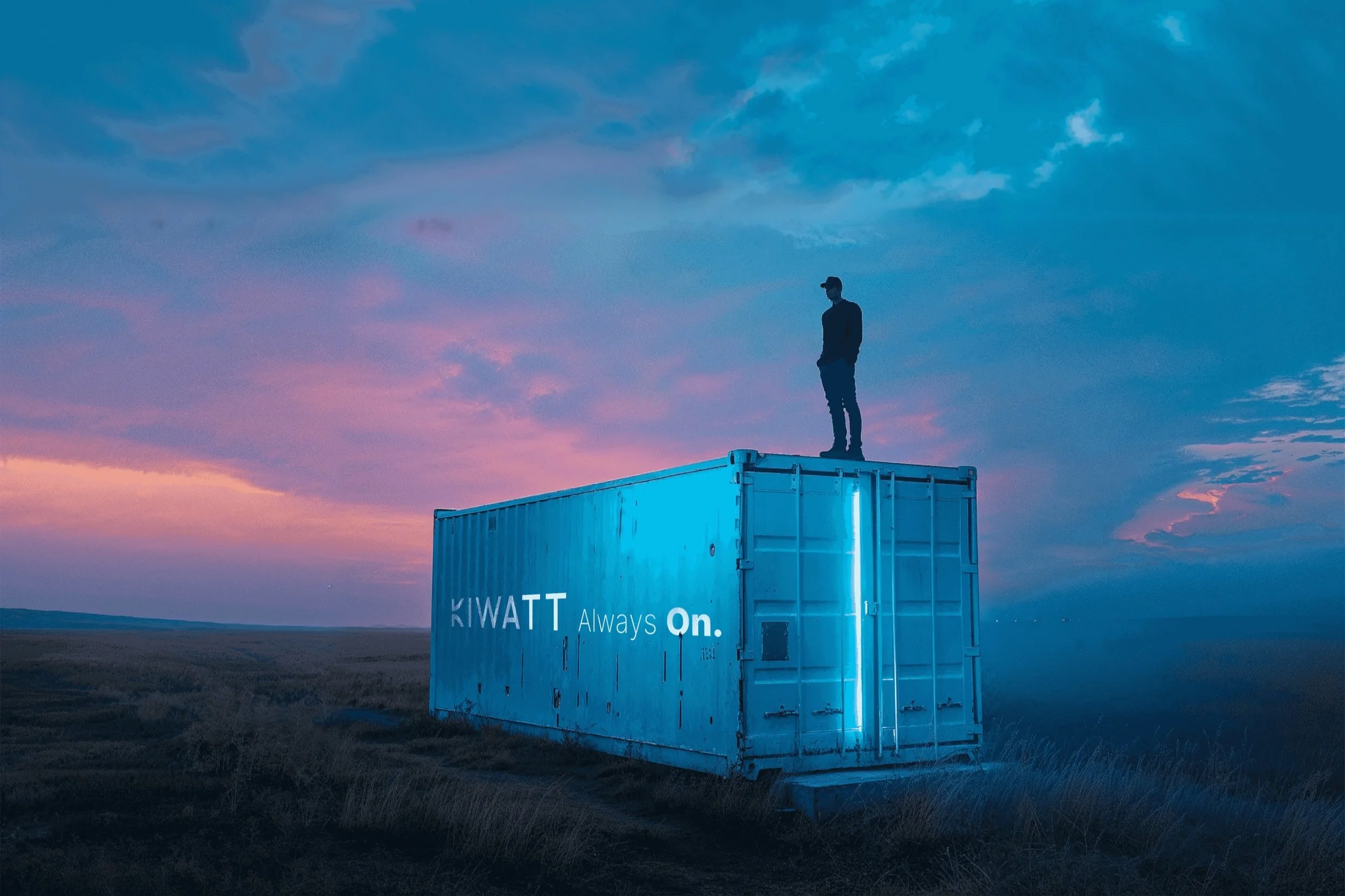 Een persoon staat op een verlichte blauwe zeecontainer met de tekst "KIWATT Always On" ernaast, tegen een kleurrijke zonsondergang.