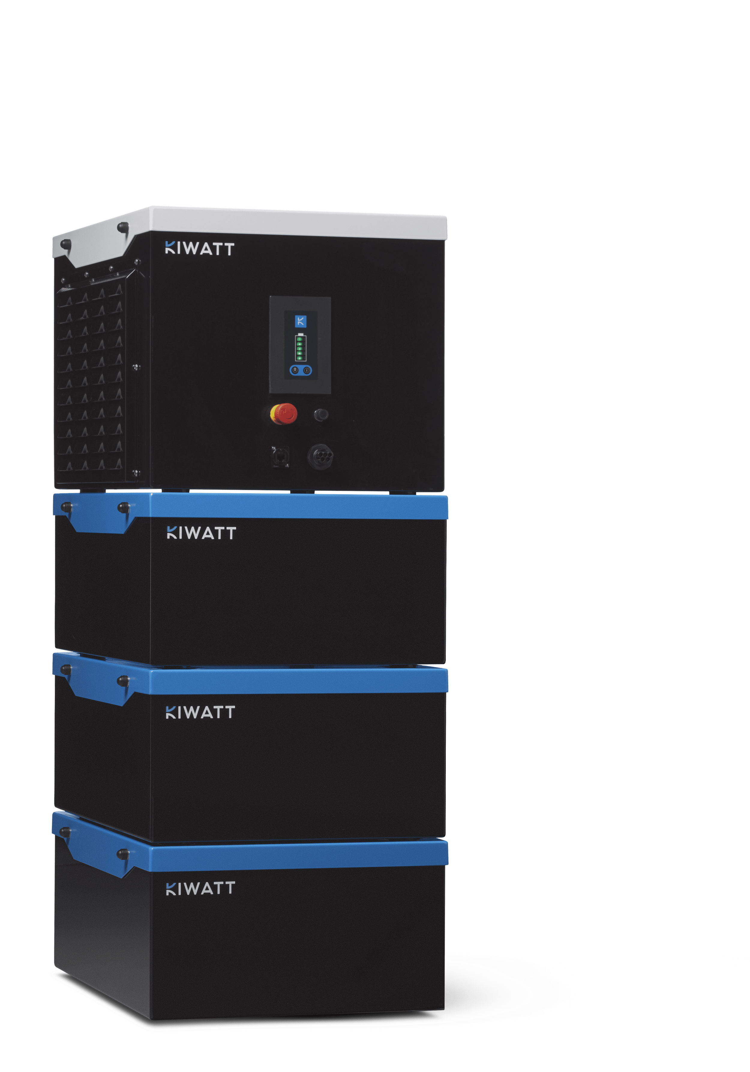 Stapels van zwarte en blauwe energie-opslagsystemen, merknaam Kiwatt zichtbaar op elke eenheid.