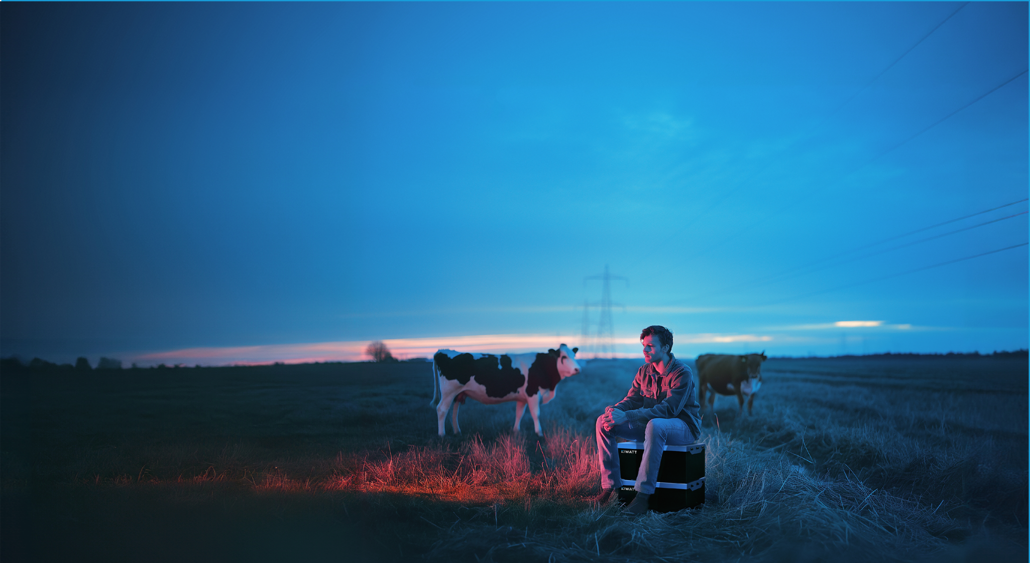 Een man zit op een kruk in een open veld bij zonsondergang met koeien op de achtergrond.