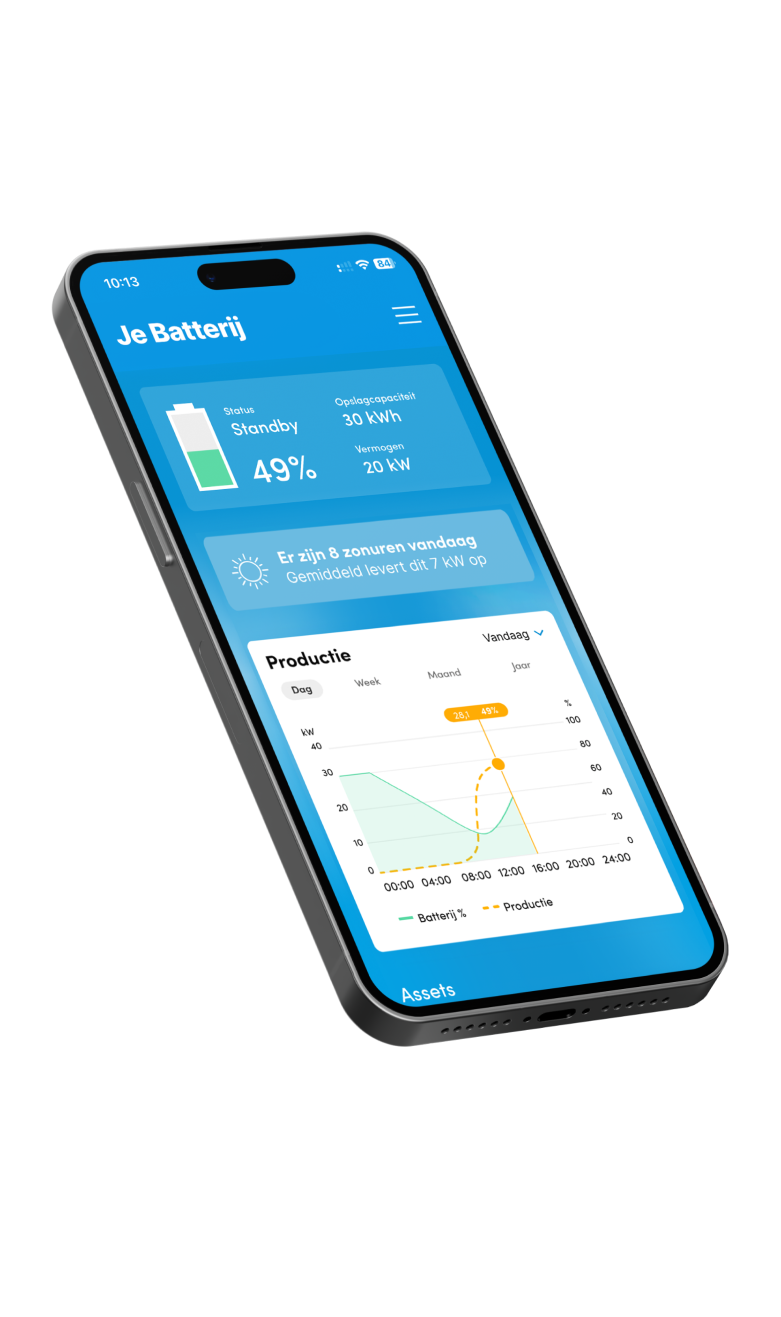 Smartphone met een batterijbeheerapp, toont batterijstatus van 49% en een grafiek van energieproductie.