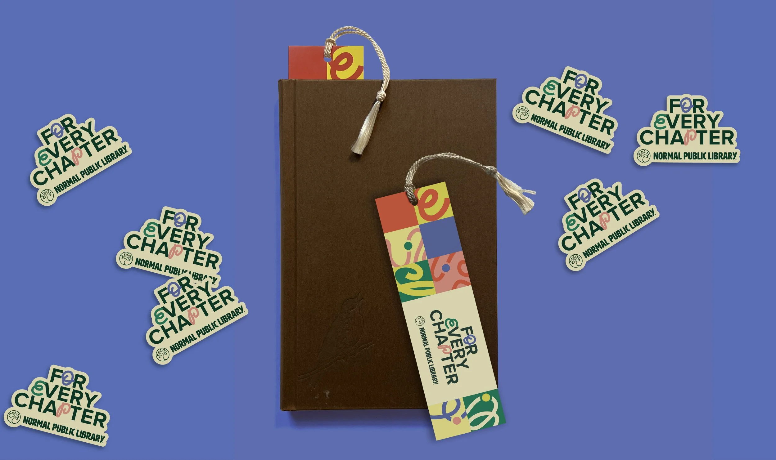 Image of Brown book with For Every Chapter bookmarks surrounded by "For Every Chapter" stickers.