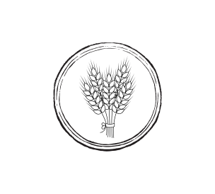 Line drawing of three wheat stalks tied together with a ribbon inside a circular border.