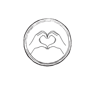 Outline of two hands forming a heart shape within a circular border.