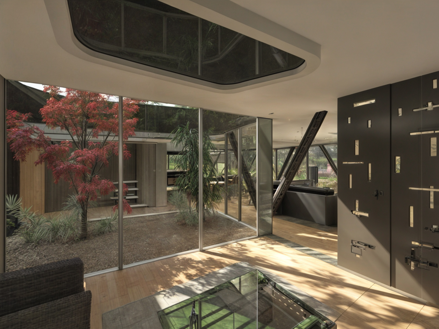 Intérieur moderne avec un mur en verre donnant sur un jardin avec un arbre rouge, une plante verte et un sol en terre battue.