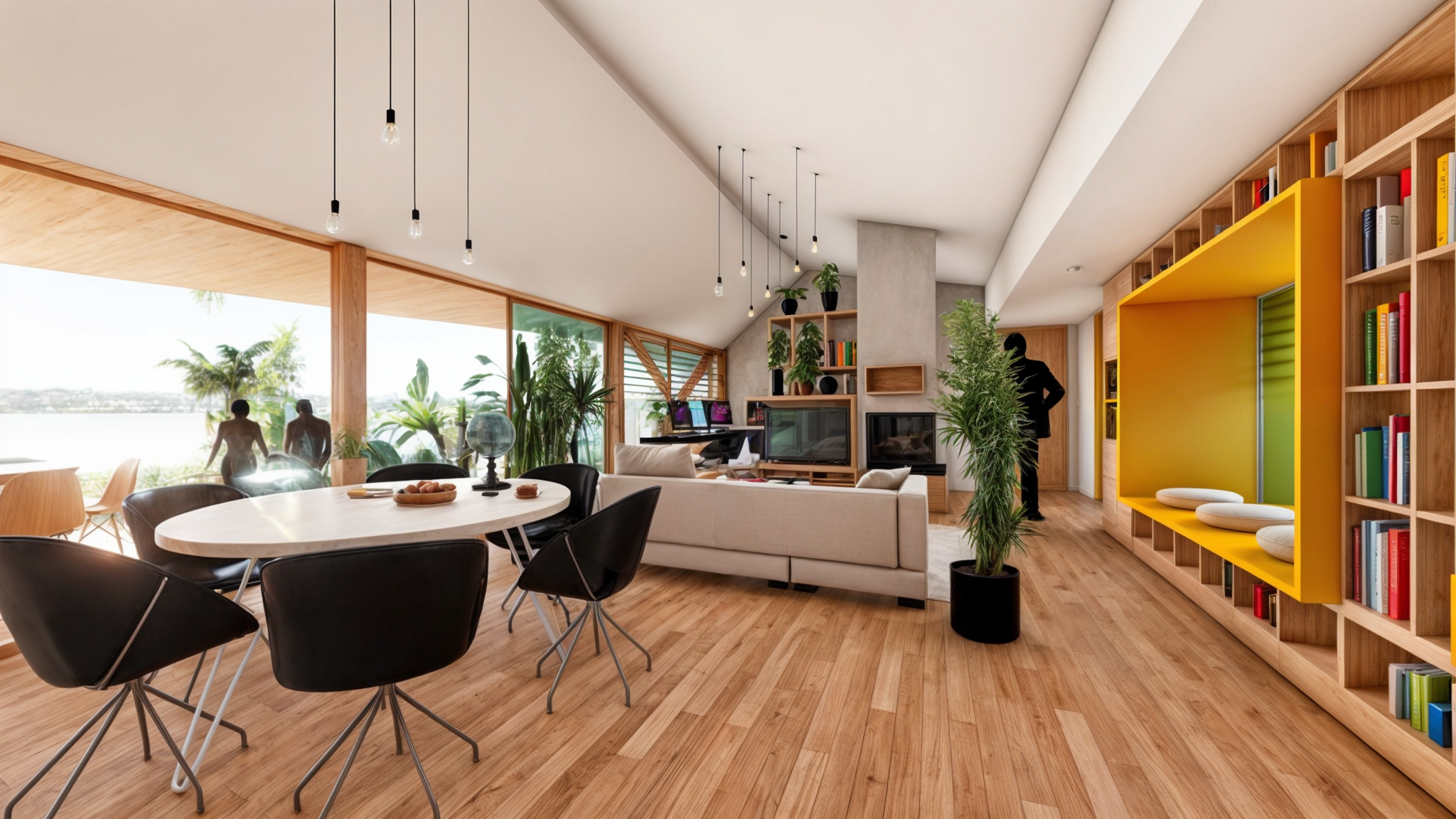 Salon moderne avec meubles en bois, plantes vertes, bibliothèque, et grand velux avec vue sur paysage extérieur