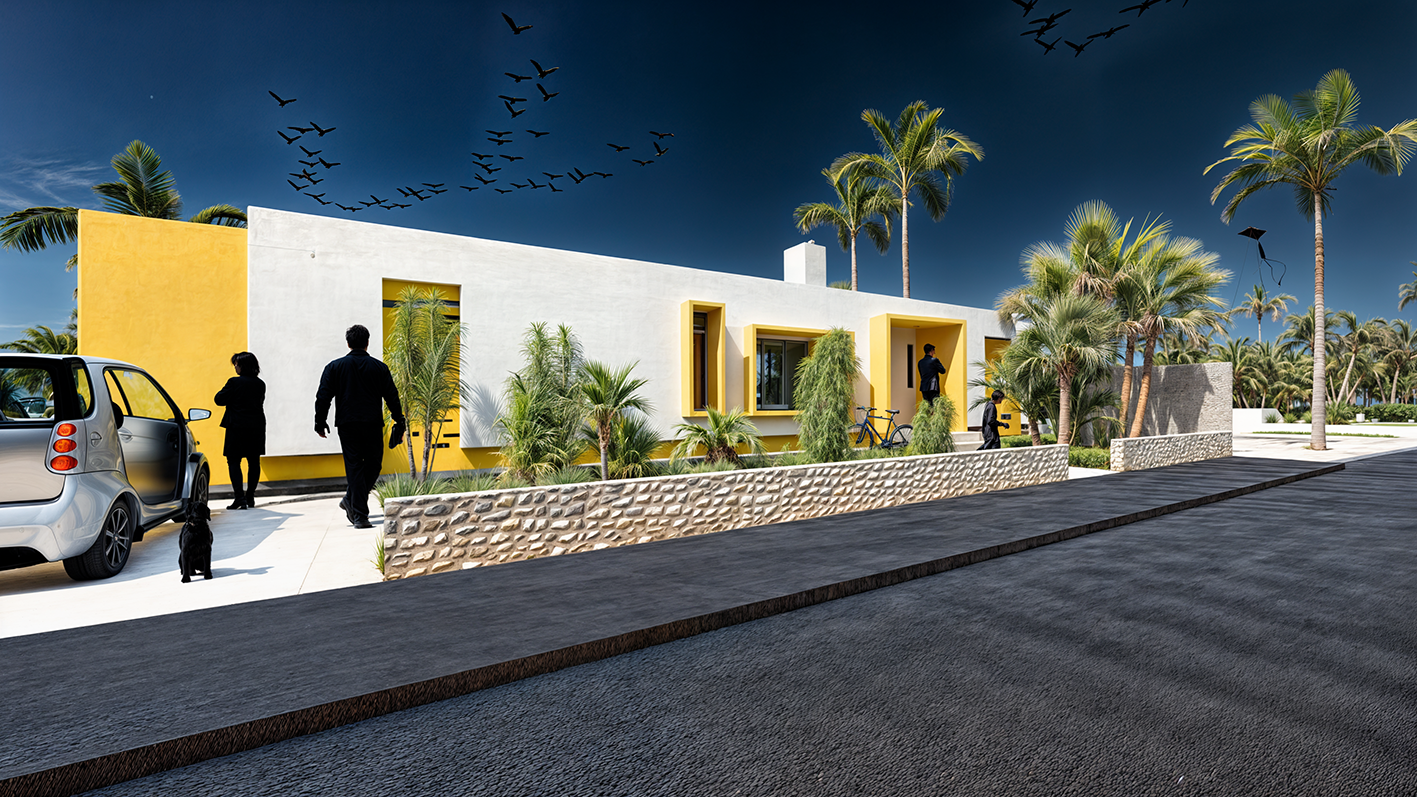 Une maison moderne avec des murs blancs et jaunes, entourée de palmiers, sous un ciel bleu avec des oiseaux en vol. Des personnes, dont un homme et une femme, se tiennent près de la maison, et une voiture est garée devant. L'environnement semble trop